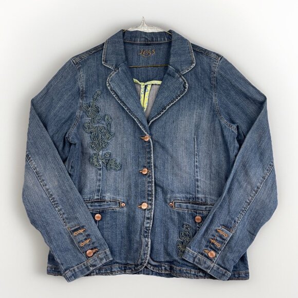 Y2K Lois Jacket Floral Embroidery Women's L Blue Denim Jean Buttons Pockets - Picture 1 of 16